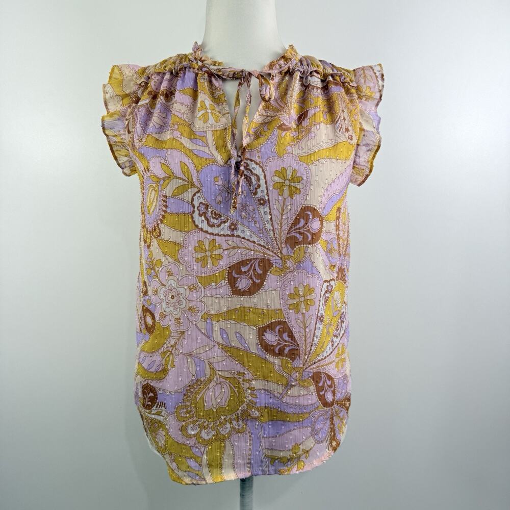 Floral Swiss Dot Madison d’Amelie Top XS Ruffle Tie V Neck Boho Retro Inspired